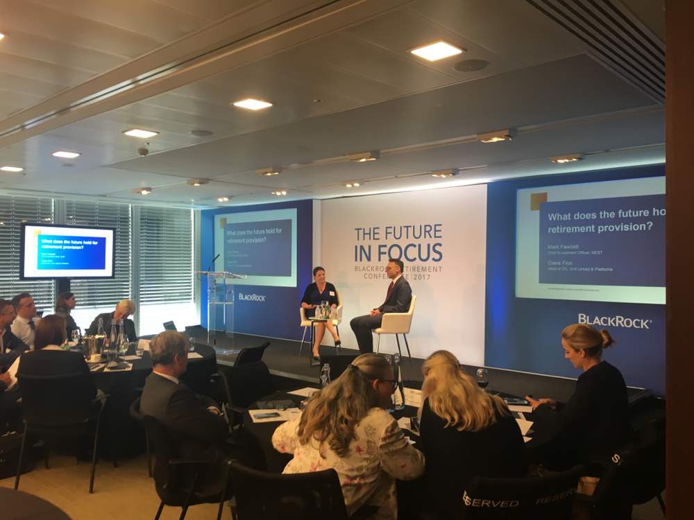 Claire Finn, head of UK DC, unit linked and platforms for BlackRock, interviewing Mark Fawcett, chief investment officer for NEST.